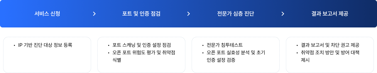 서비스 신청, 포트 및 인증 점검, 전문가 심층 진단, 결과 보고서 제공